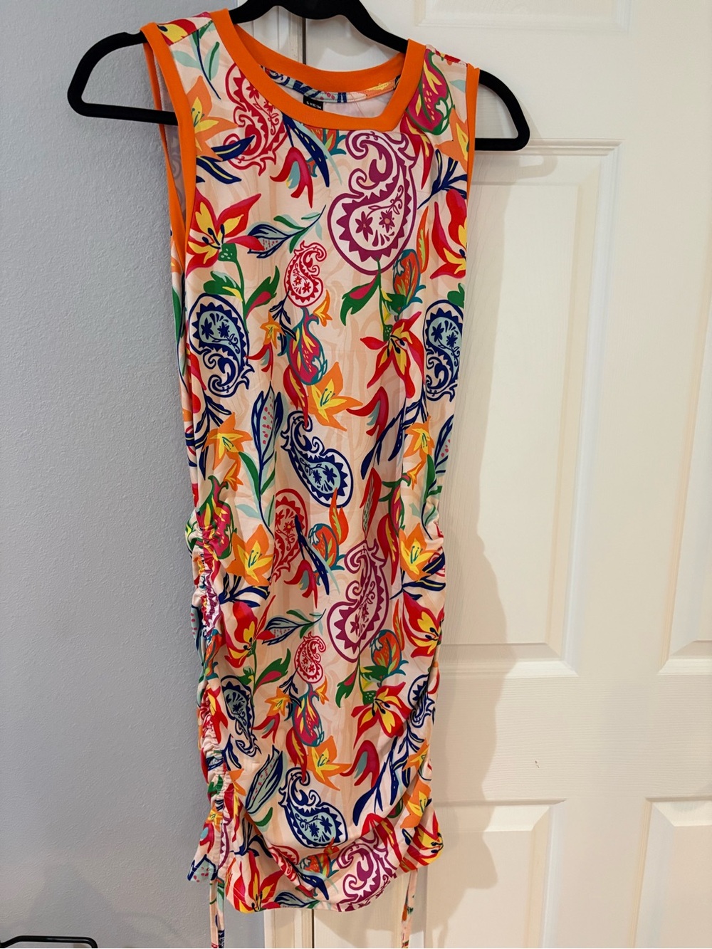 SHEIN Orange-Trim Floral Paisley Sleeveless Swim Cover-Up Dress